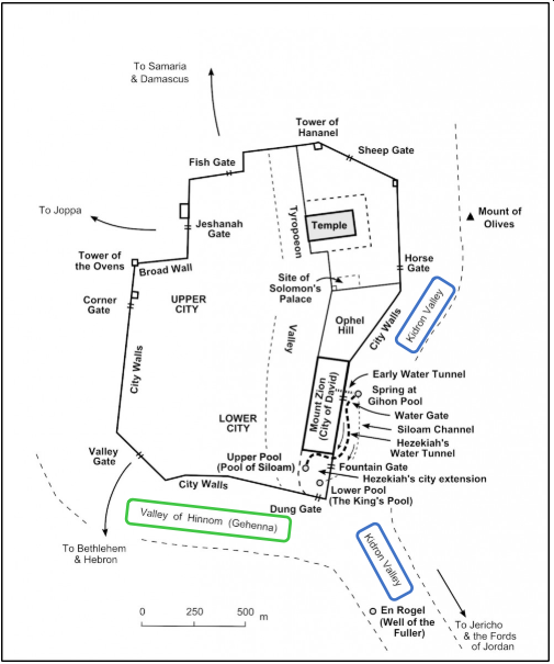 Map of Jerusalem with Valleys